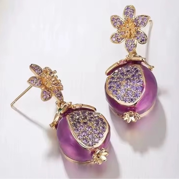 Unique Pomegranate Purple and Gold Floral Earrings - Picture 1 of 8